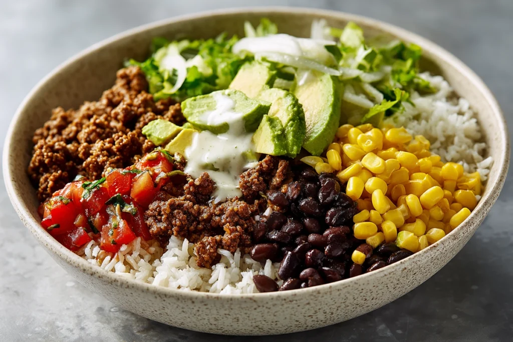 Assembling a Beef Burrito Bowl with rice, beef, and toppings