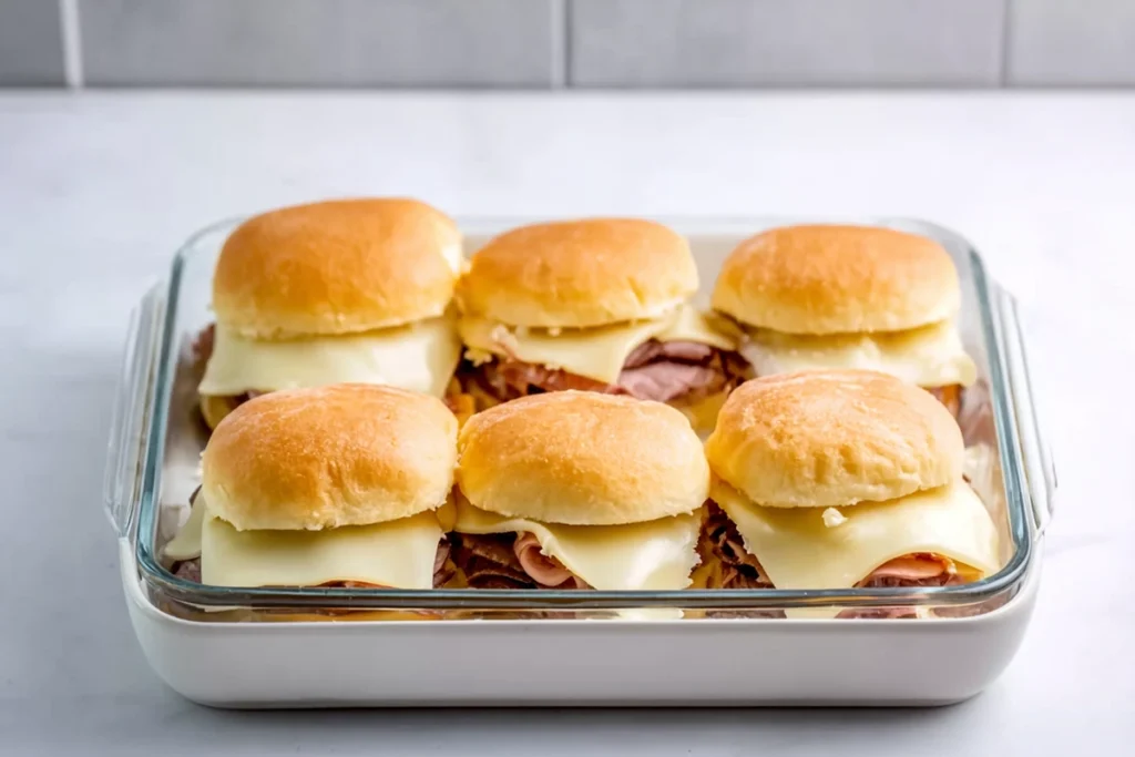 Assembling Best French Dip Sliders before baking
