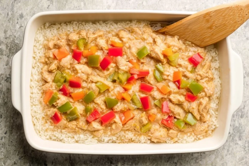 Layering rice, chicken, and peppers for Chicken Fajita Rice Casserole