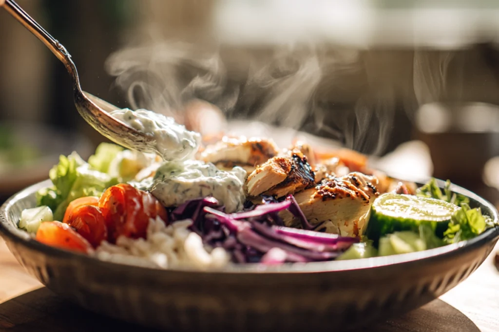 assembling a Greek Chicken Bowl with chicken rice and fresh vegetables