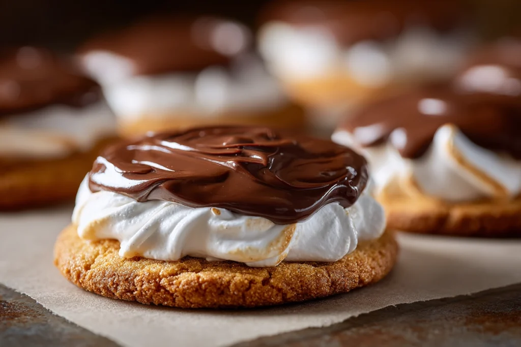 assembling smores whoopie pies with marshmallow filling and chocolate ganache