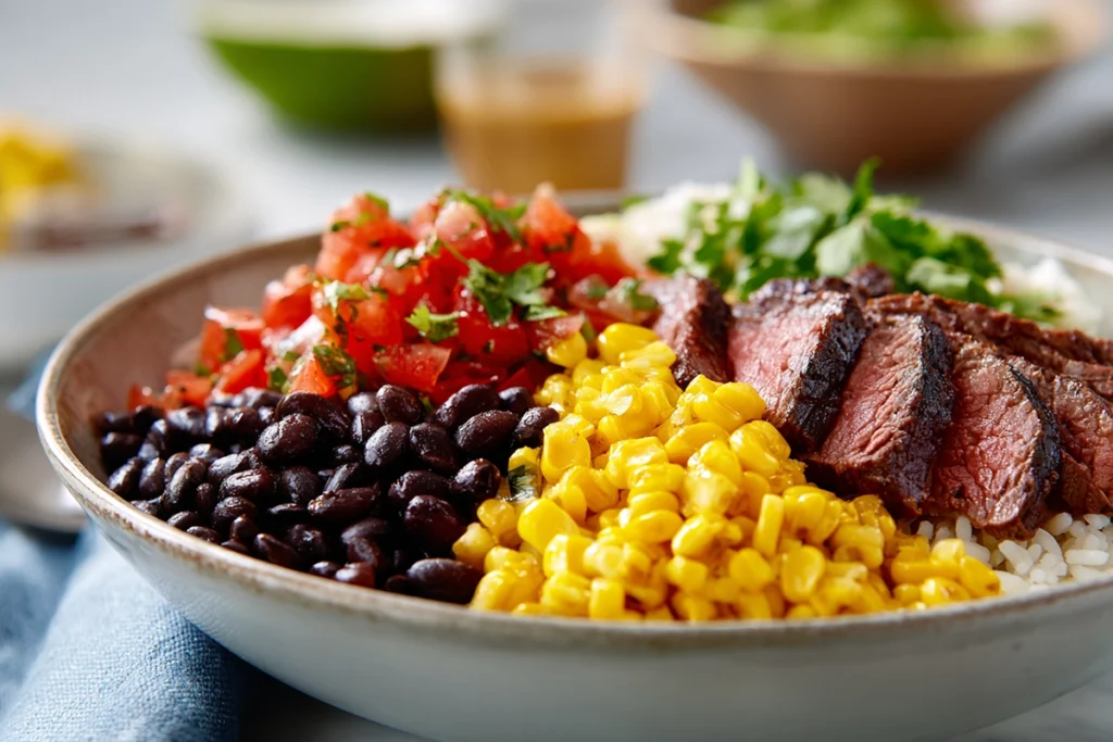 assembling a steak burrito bowl with rice beans corn and pico
