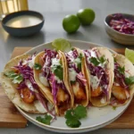hero image of Baja Fish Tacos plated in a modern kitchen with bright natural light