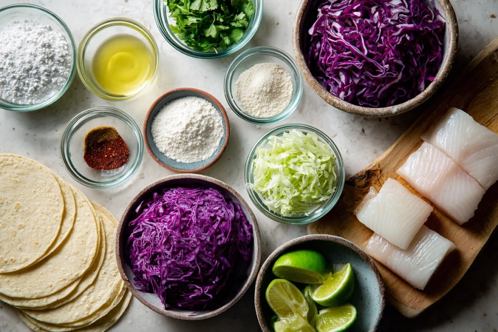 overhead photo of Baja Fish Tacos ingredients arranged neatly for recipe preparation