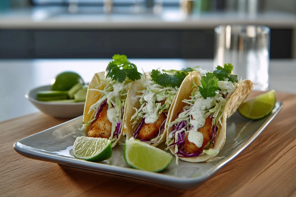 serving plate of Baja Fish Tacos styled in a clean modern kitchen