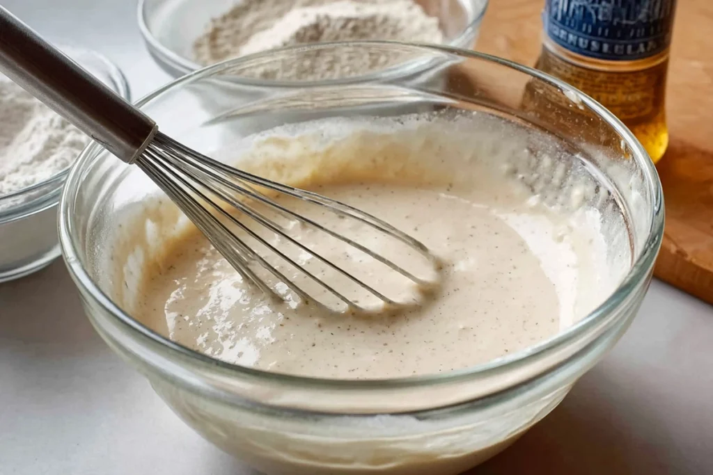 close-up of batter being mixed for Baja Fish Tacos in a modern kitchen