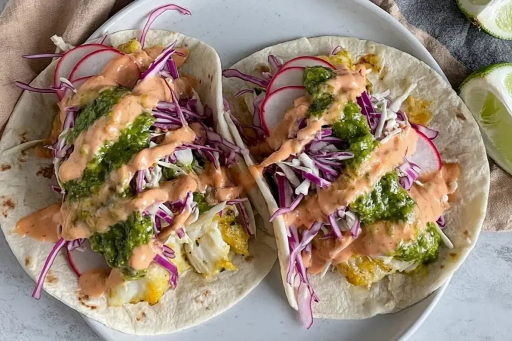 Baja Fish Tacos with grilled white fish cabbage radish and two fresh sauces