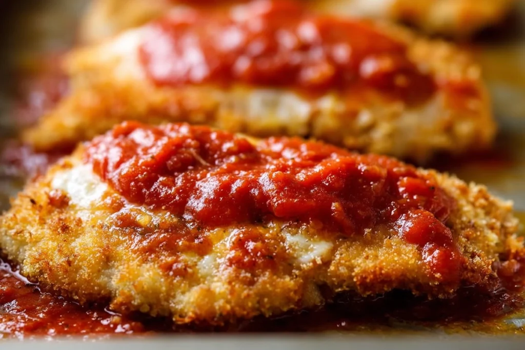 close-up of marinara and mozzarella added to baked chicken parmesan before final bake