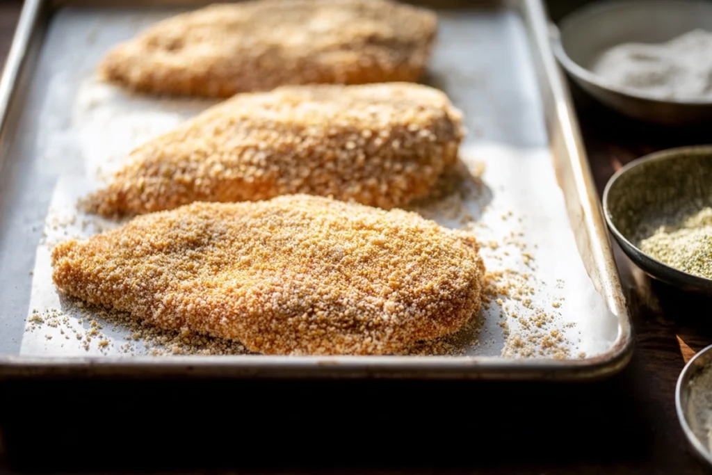 breaded chicken cutlet coated for baked chicken parmesan on tray