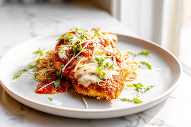 finished baked chicken parmesan plated on a modern white dish with basil garnish