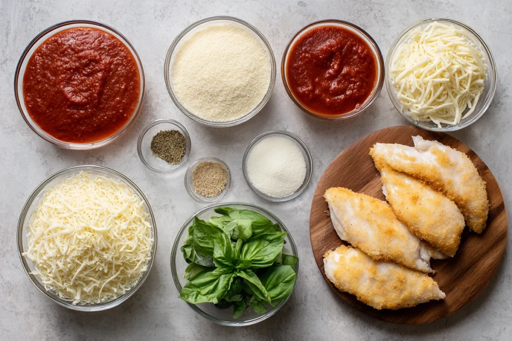 overhead view of baked chicken parmesan ingredients arranged in glass bowls