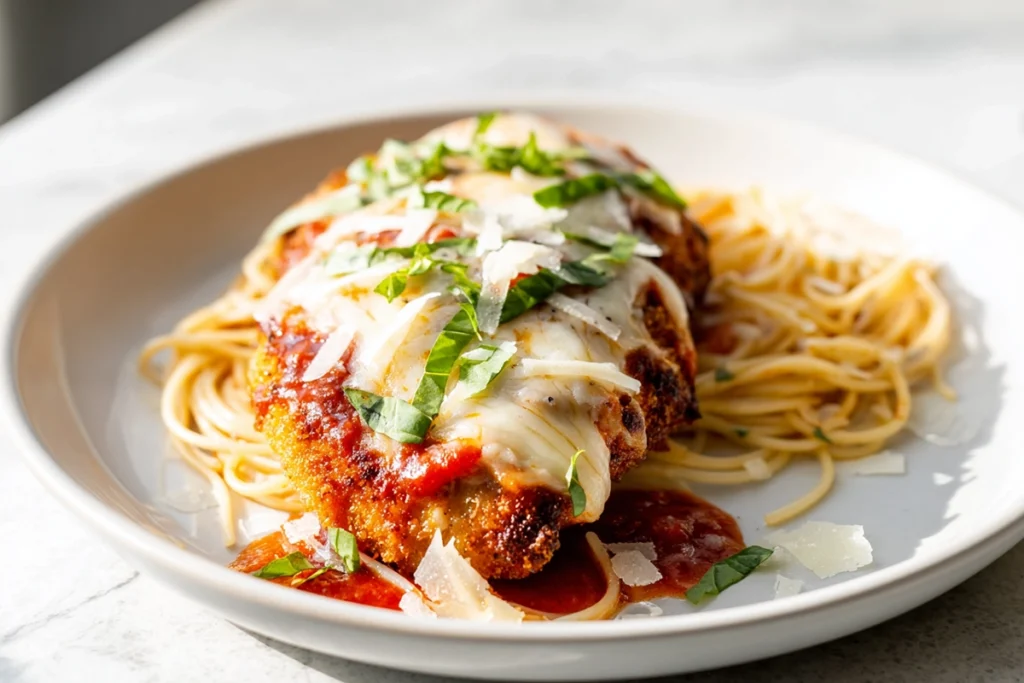 plated serving of baked chicken parmesan with pasta on modern kitchen counter