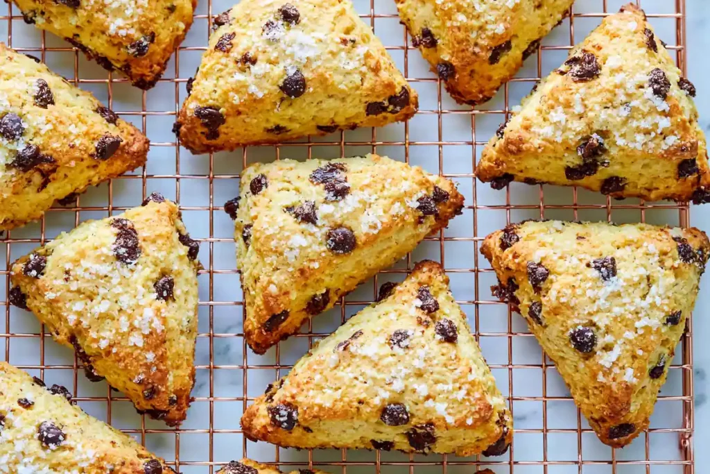 Baked Chocolate Chip Scones cooling on a rack with golden flaky edges