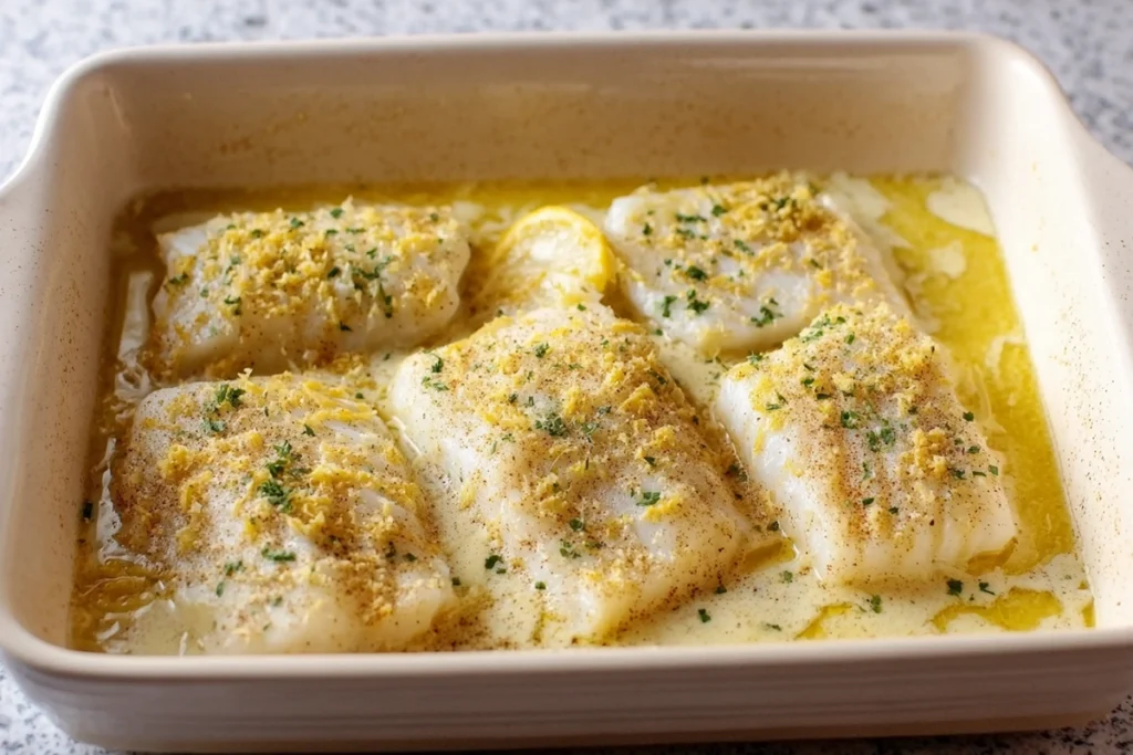 cod fillets covered in lemon cream sauce before baking