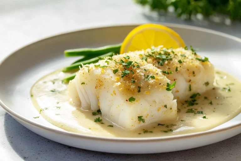 baked cod with lemon cream served on a modern plate