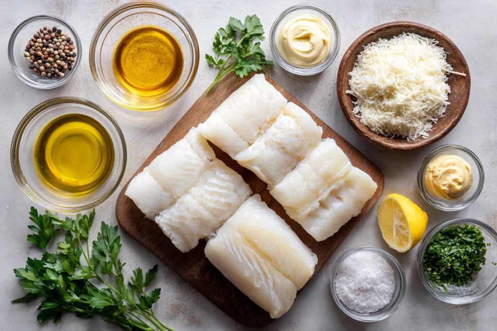 ingredients for baked cod with lemon cream arranged neatly