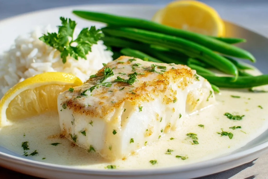 baked cod with lemon cream served with rice and vegetables