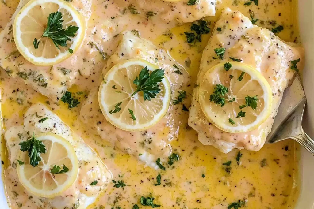 Baked Fish with Lemon Cream Sauce in a baking dish with lemon slices and parsley