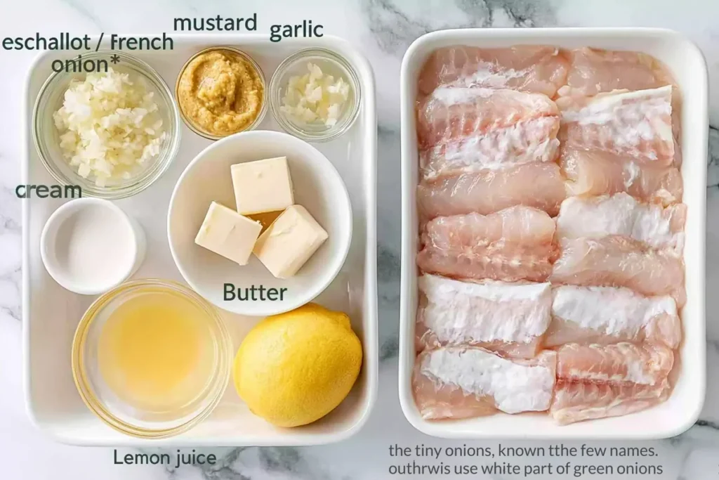 Ingredients for Baked Fish with Lemon Cream Sauce with white fish, lemon, cream, garlic, and butter