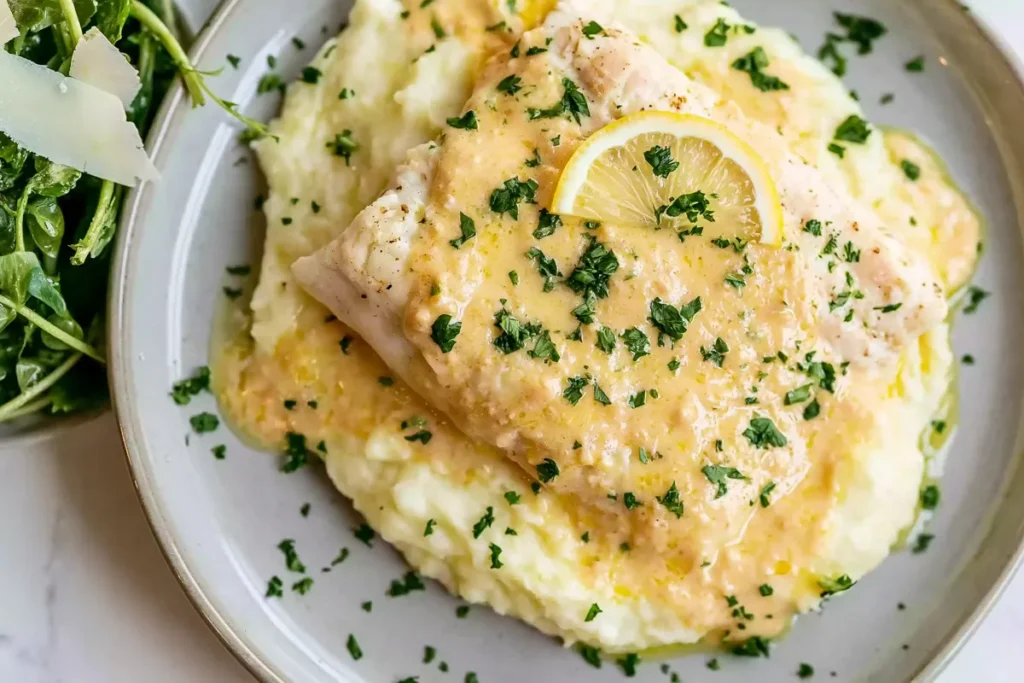Baked Fish with Lemon Cream Sauce served with mashed potatoes and green salad