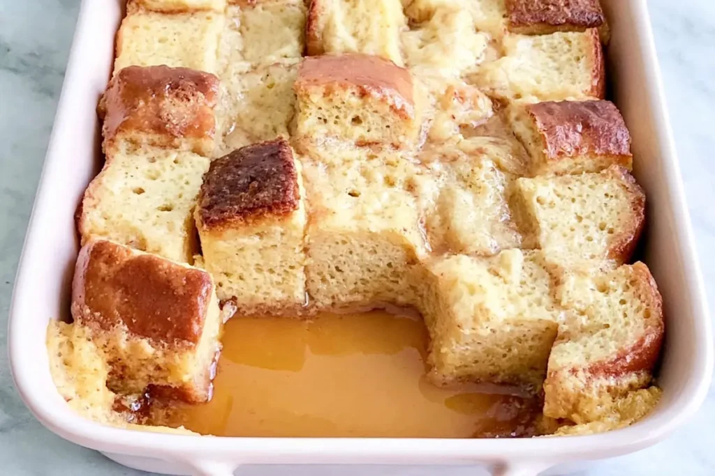 Baked Overnight Crème Brûlée French Toast showing soft bread and caramel edges