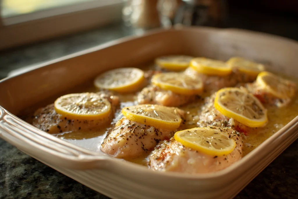 Chicken coated in lemon butter sauce ready to bake