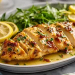 Baked Lemon Butter Chicken plated with lemon slices and butter sauce