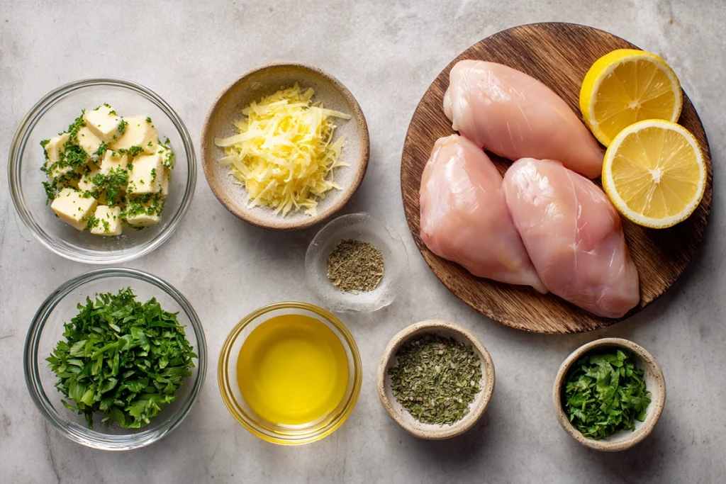 Ingredients for Baked Lemon Butter Chicken arranged neatly on a countertop