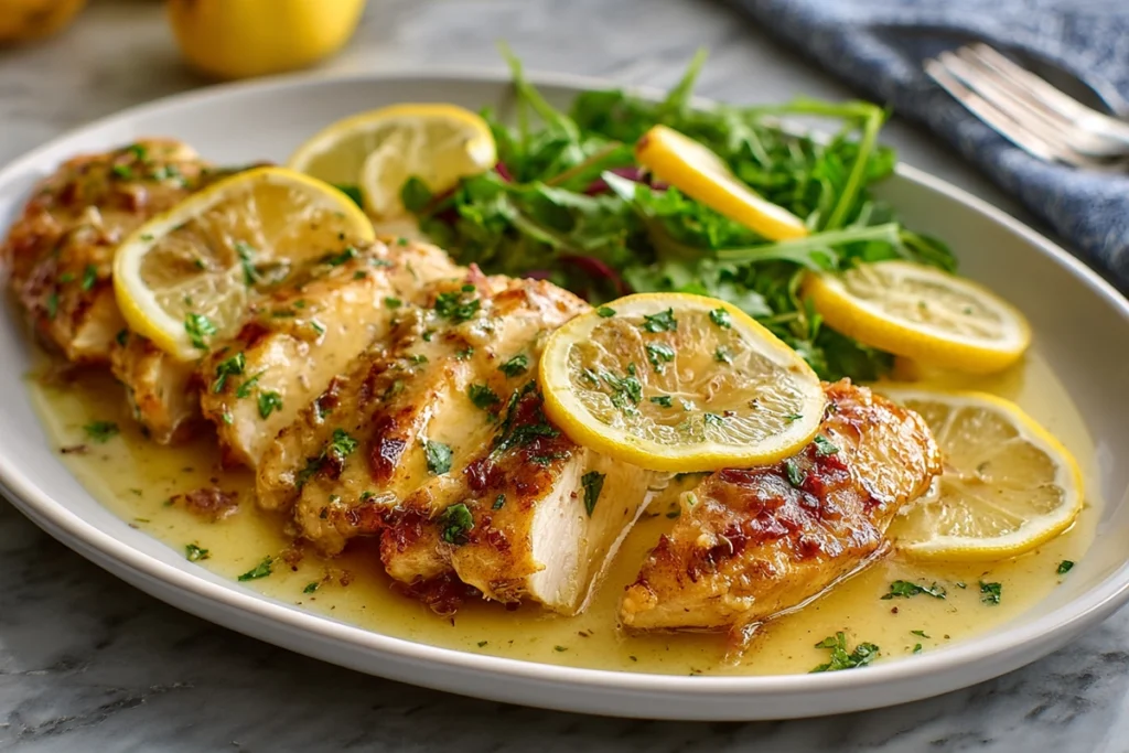 Baked Lemon Butter Chicken served on a platter with lemon butter sauce