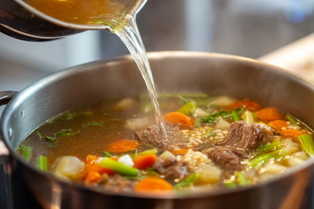 adding pearl barley to simmering beef barley soup in pot