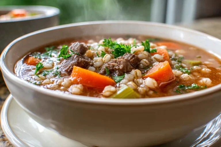beef barley soup in a modern bowl with fresh parsley garnish