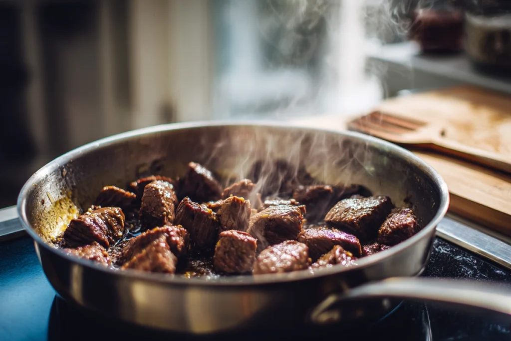 searing beef for beef barley soup in skillet with natural light