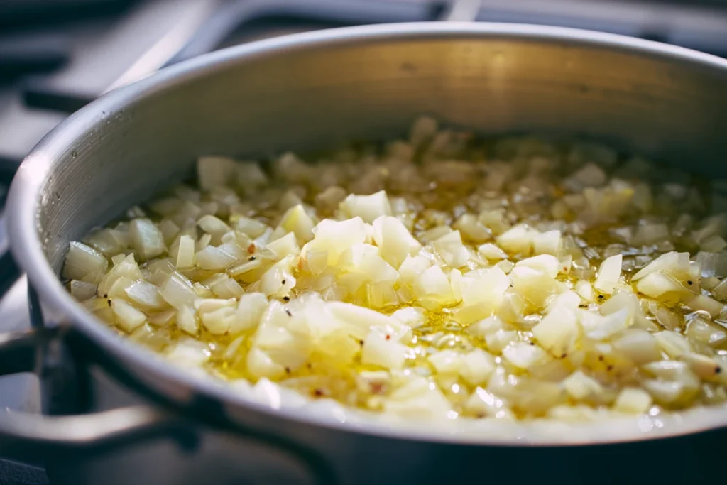 Onions and garlic softening in olive oil for beef barley soup