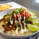 Beef Burrito Bowl served with rice, seasoned beef, beans, and fresh toppings