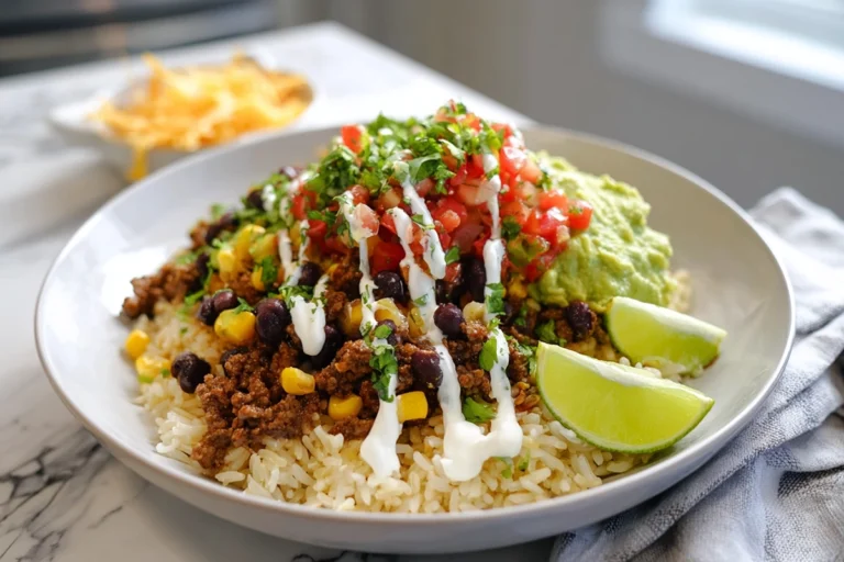 Beef Burrito Bowl served with rice, seasoned beef, beans, and fresh toppings