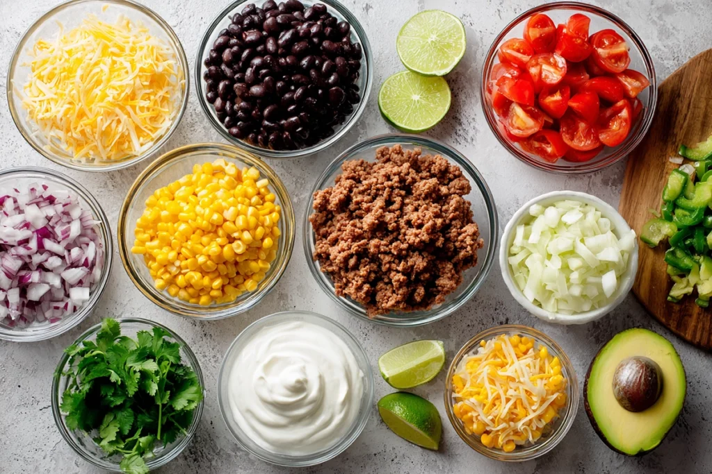 Ingredients for Beef Burrito Bowl arranged on a kitchen counter