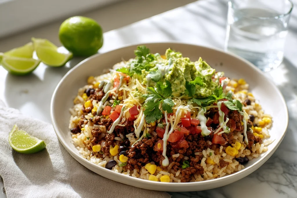 Beef Burrito Bowl ready to serve with fresh toppings