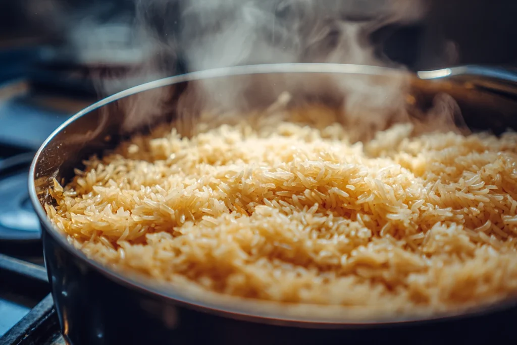 Long-grain rice sautéed with onion and garlic for beef burrito bowl