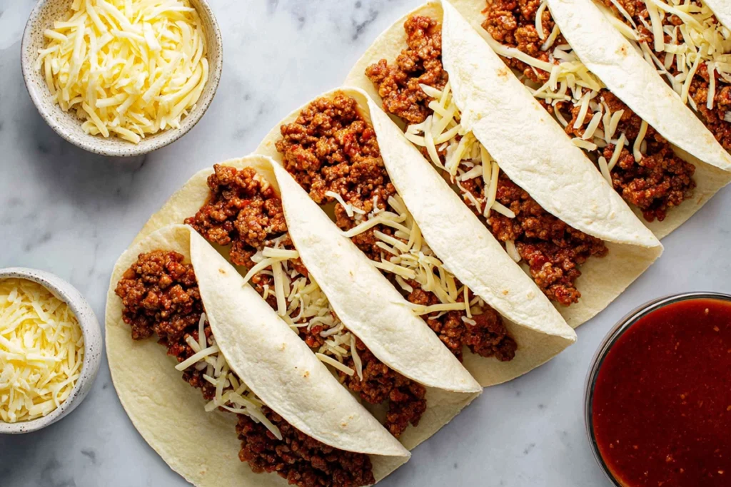assembling beef enchiladas with seasoned beef and cheese