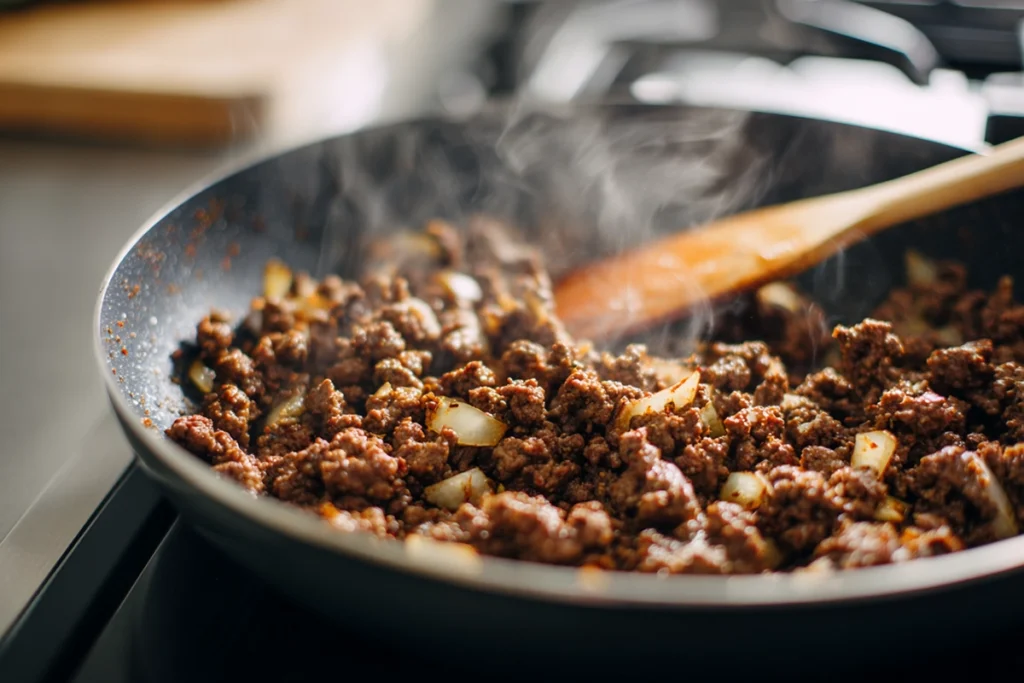 ground beef cooking with spices for beef enchiladas