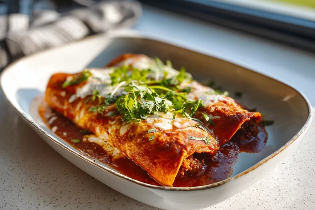 serving of beef enchiladas with visible beef filling