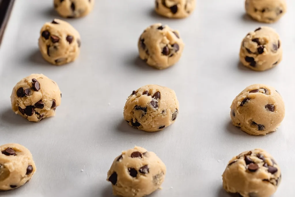 Cookie dough scoops prepared for baking the best chocolate chip cookies