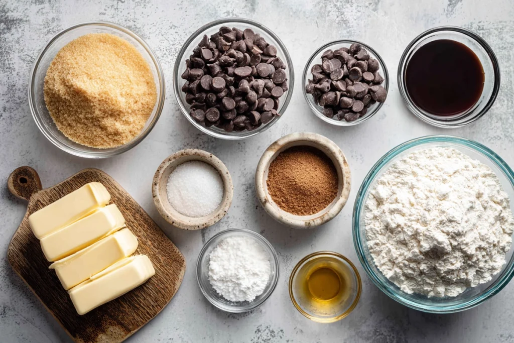 Overhead shot of ingredients for the best chocolate chip cookies neatly arranged