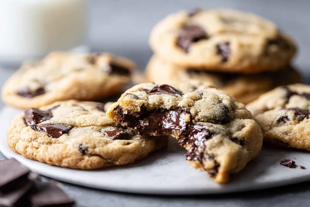Served plate of the best chocolate chip cookies with gooey melted chocolate
