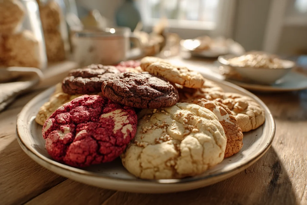 A cozy kitchen table spread featuring a variety of best cookie recipes, including soft cookies, chocolate cookies, and cookie bars.