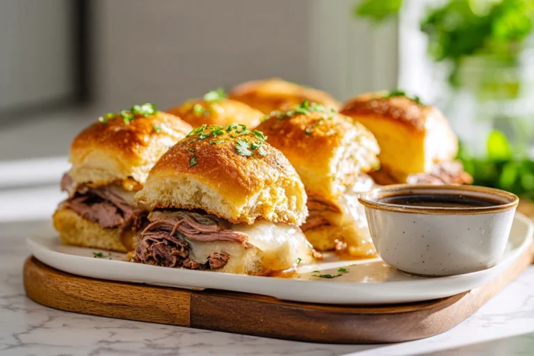 Best French Dip Sliders served with au jus on a modern plate