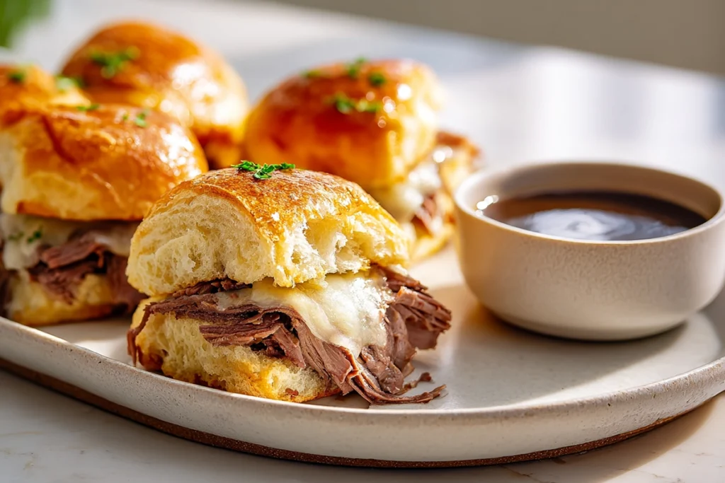 Best French Dip Sliders served warm with au jus for dipping