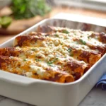 Black bean and rice enchiladas baked with enchilada sauce and melted cheese in a home kitchen