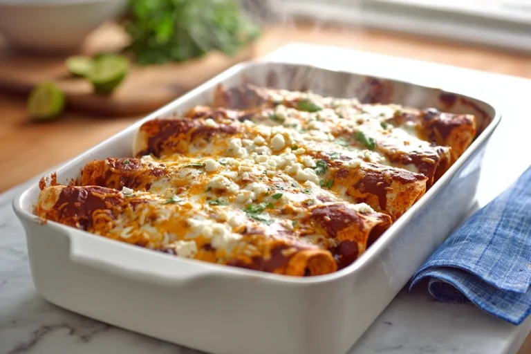 Black bean and rice enchiladas baked with enchilada sauce and melted cheese in a home kitchen
