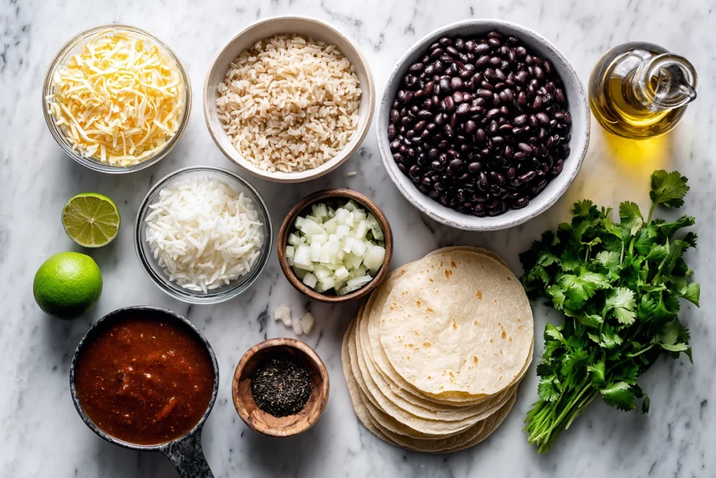 Ingredients for black bean and rice enchiladas arranged on a marble countertop